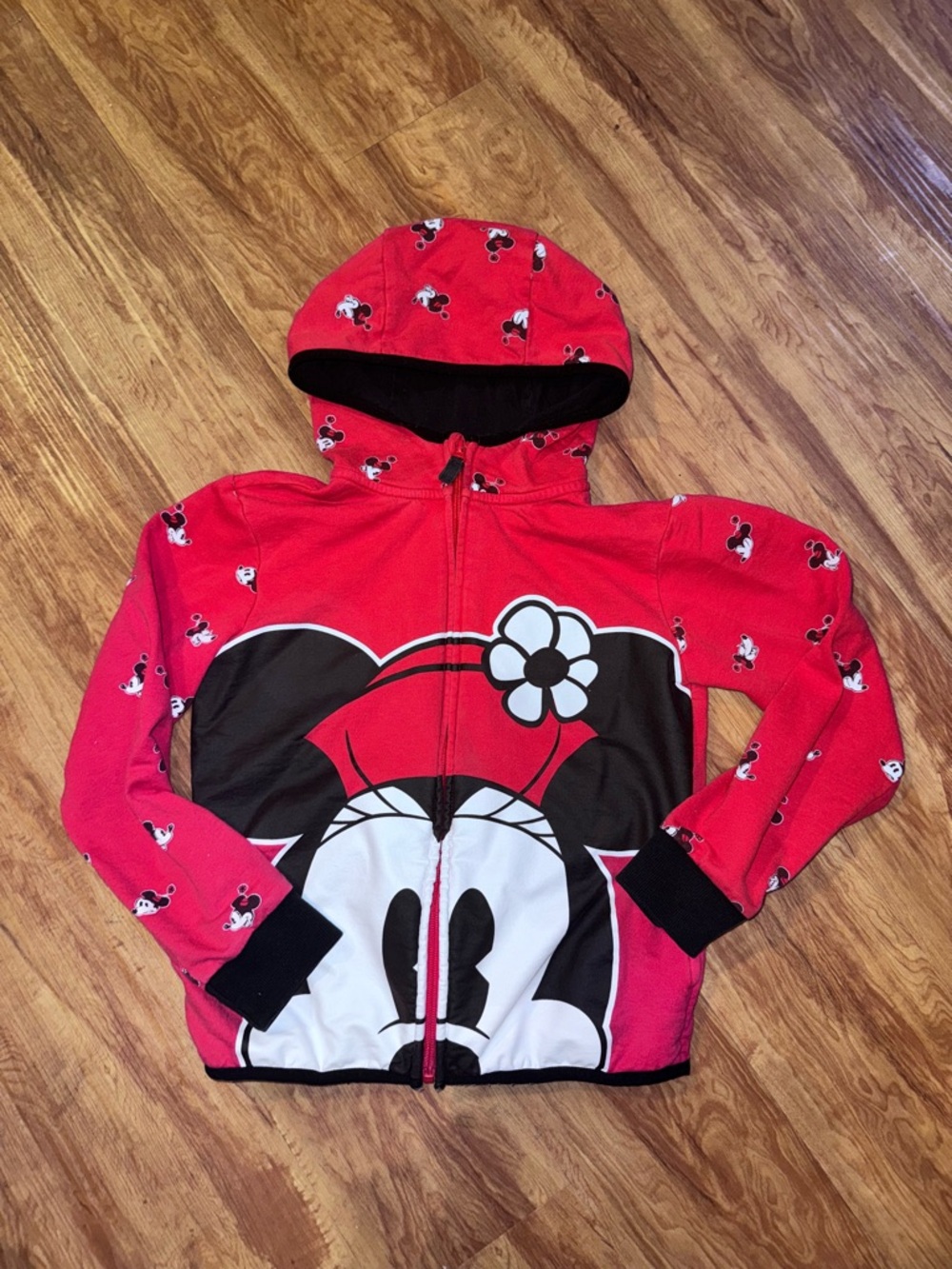 Disney Parks Minnie Mouse Girls Size 9/10 Lightweight Zipfront Hoodie Red Black